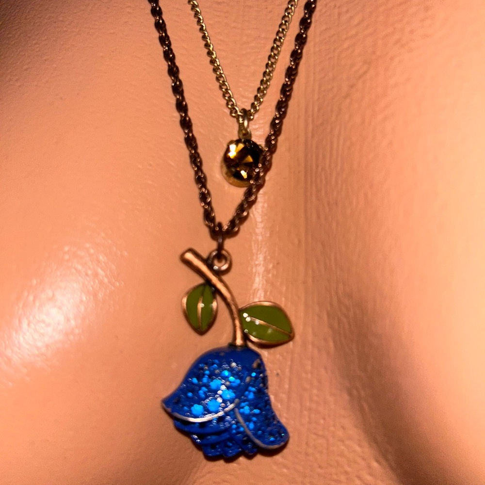 Betsey Johnson blue bell flower rose bow lucky  necklace crystal rhinestone N147